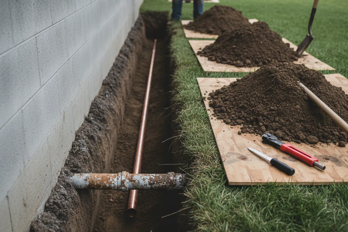 Excavated water line trench during Sewer Line Repair in Fox